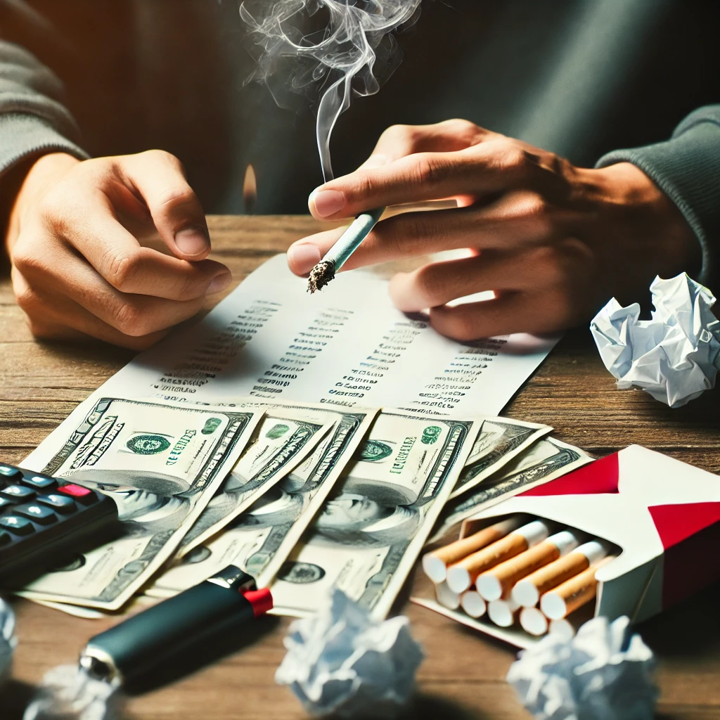 Un fumeur comptant l’argent dépensé en cigarettes sur une table.