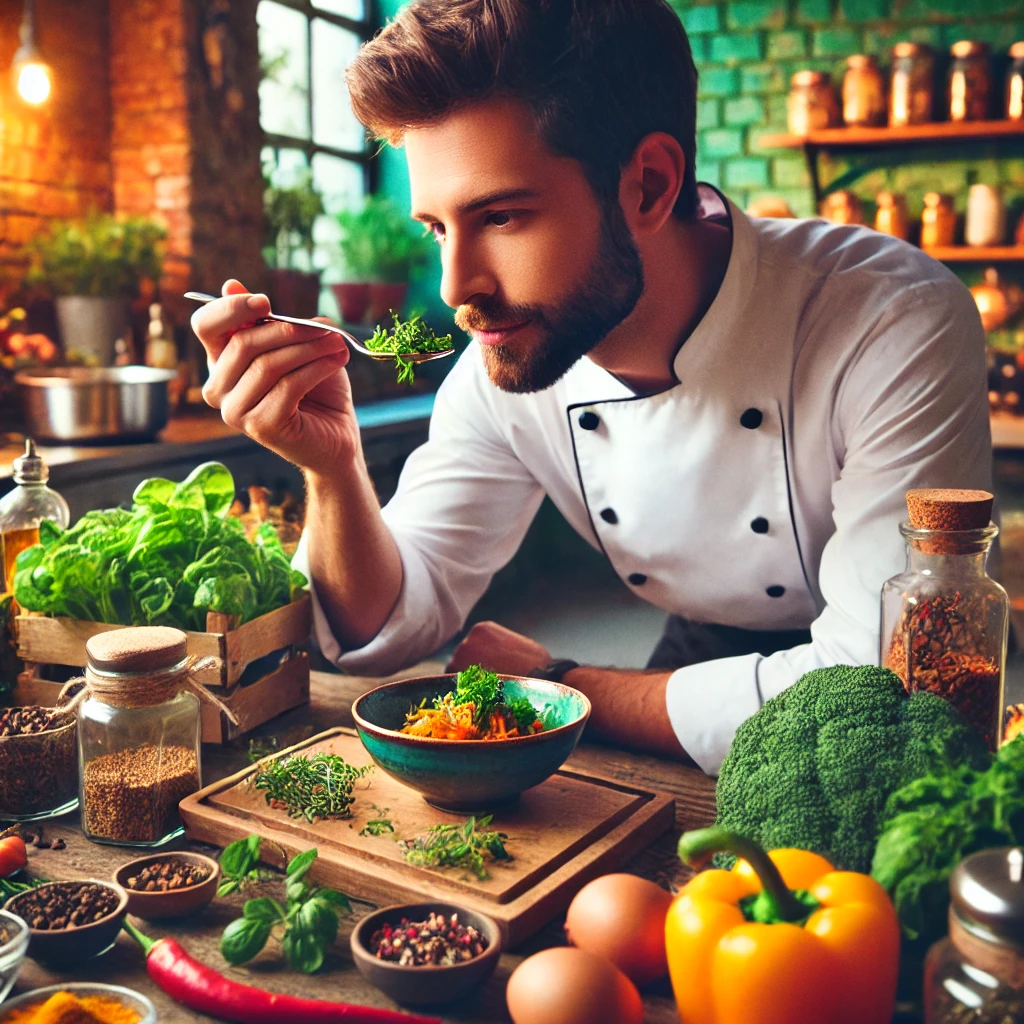 Un homme qui goûte le plat qu'il vient de préparer dans sa cuisine.