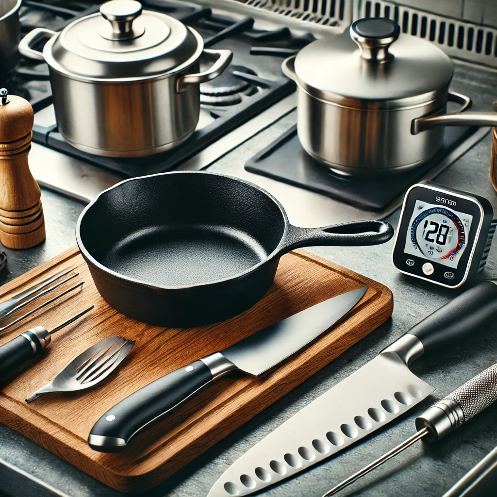 Ustensiles de cuisine en inox sur un plan de travail.