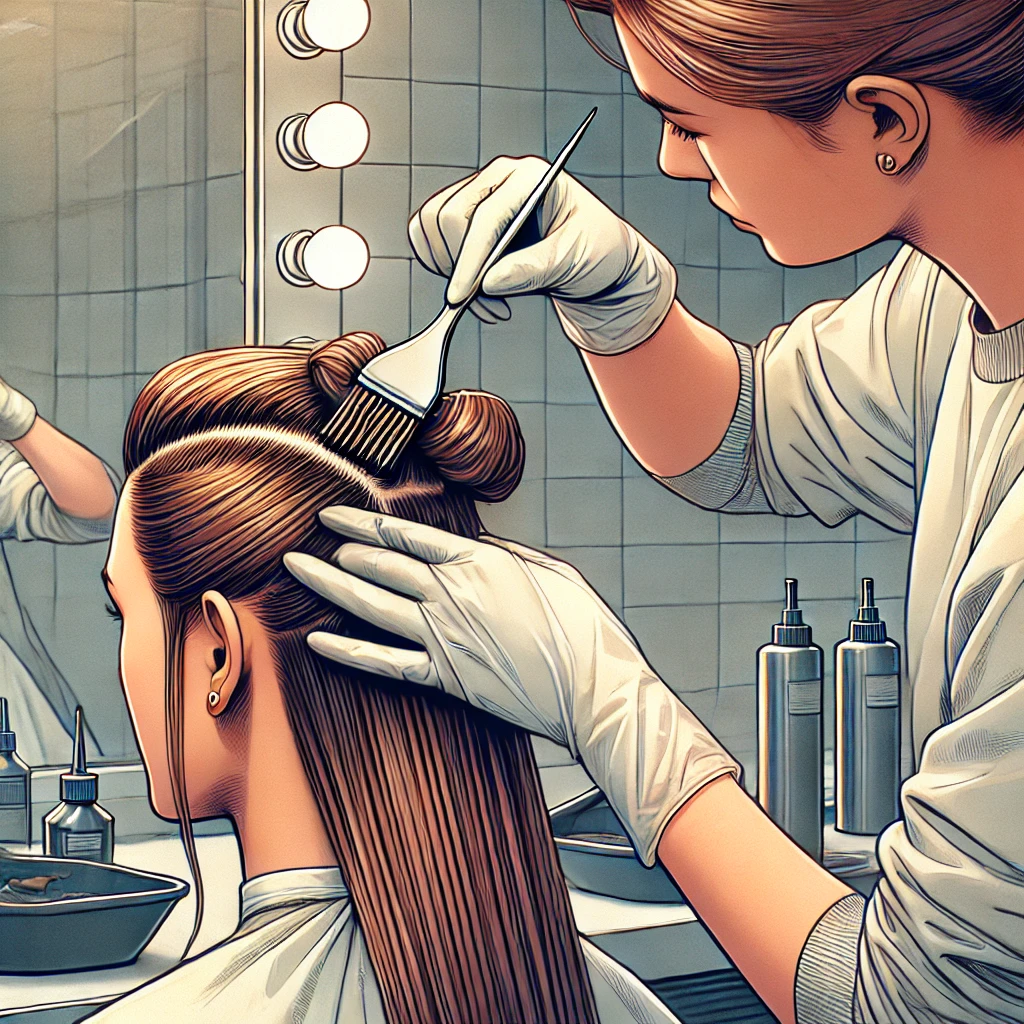 Application de la teinture sur des cheveux séparés en sections.