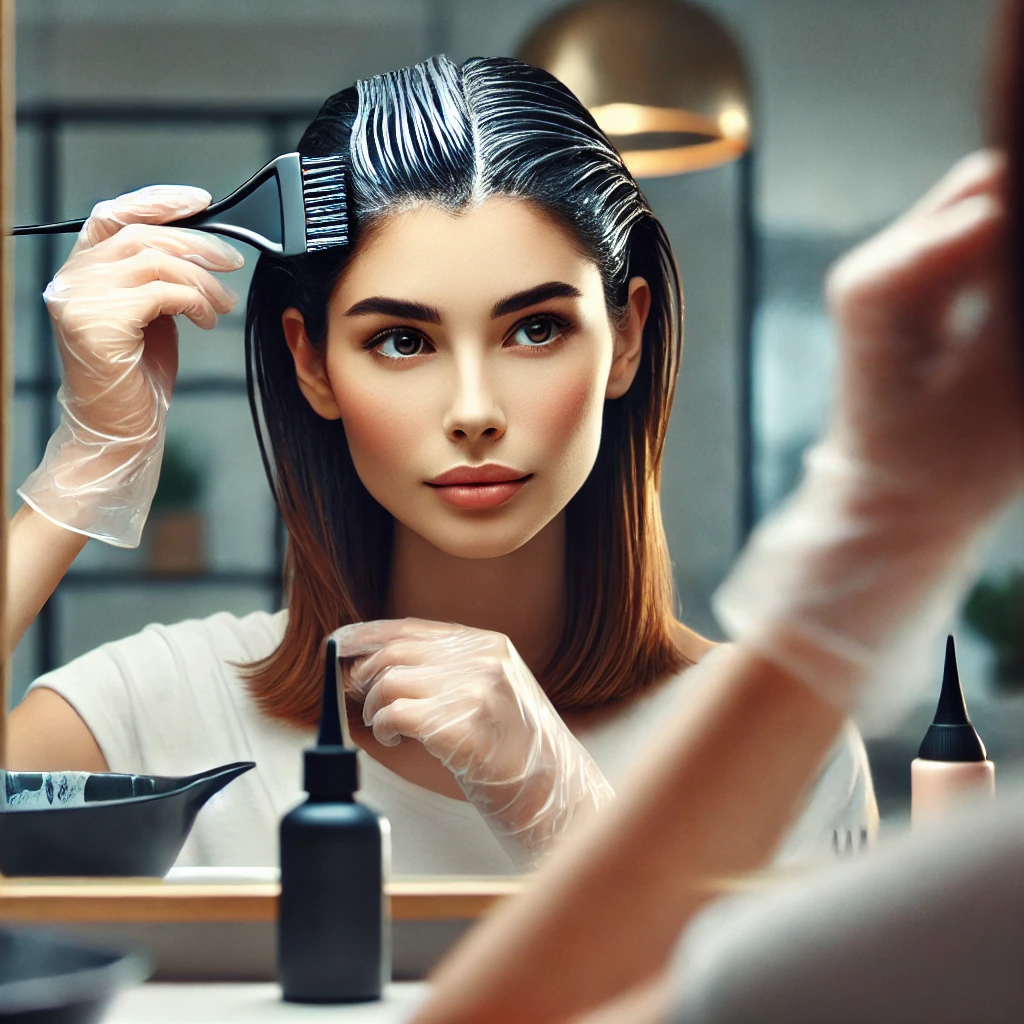 Une femme appliquant de la teinture sur ses cheveux devant un miroir.