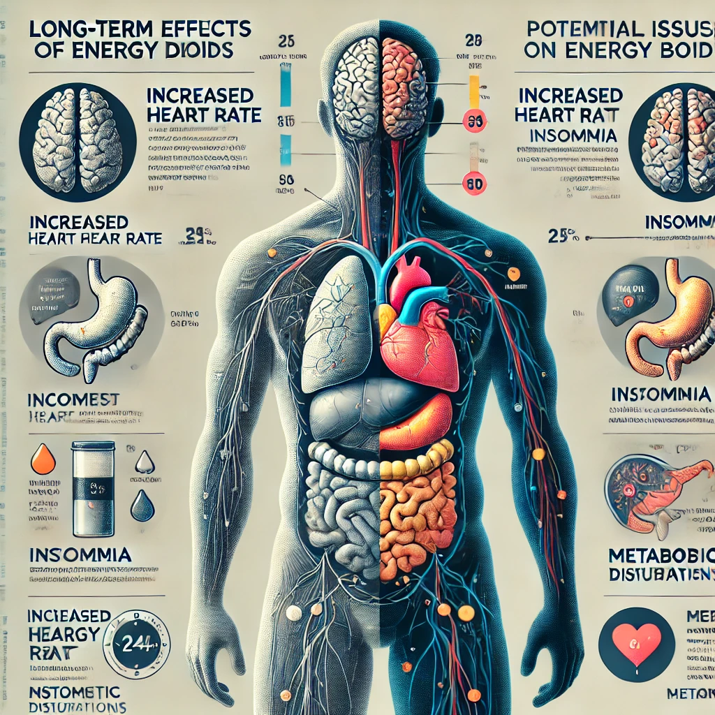 Une illustration montrant les effets à long terme de la consommation de boissons énergisantes sur le corps humain.