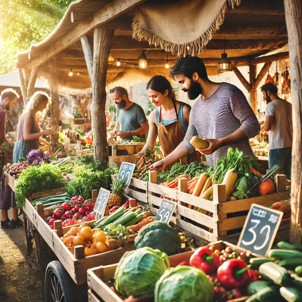 Des clients achetant des produits locaux au marché.