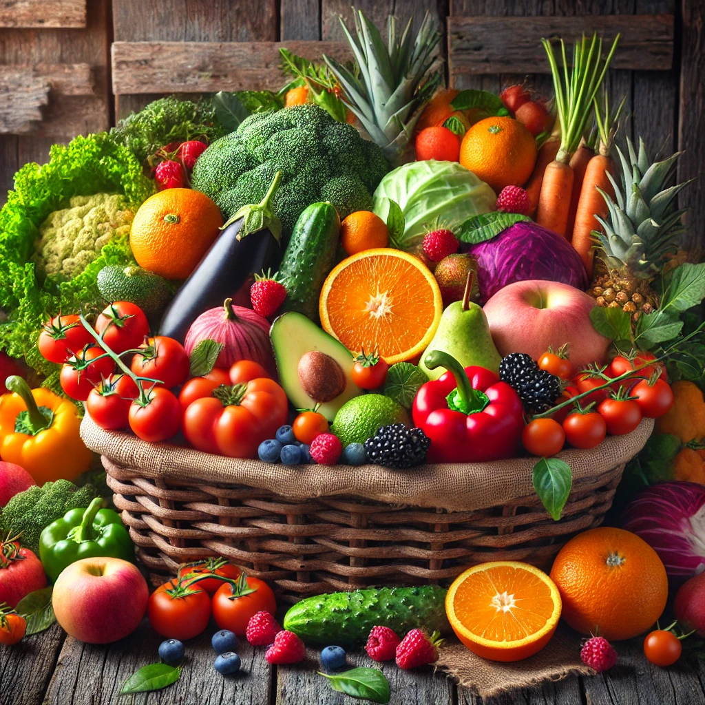 Un panier de fruits et légumes frais de saison, riche en couleurs.