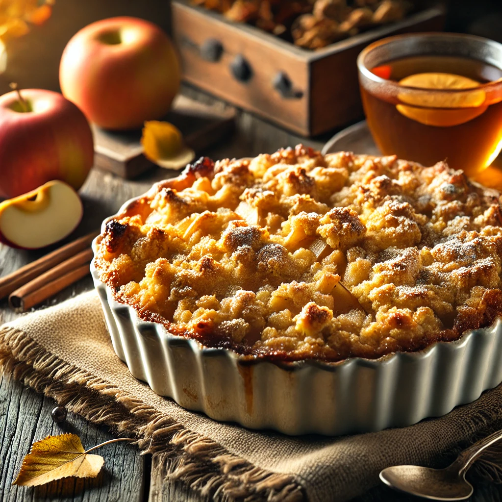 Un crumble aux pommes fraîchement sorti du four.
