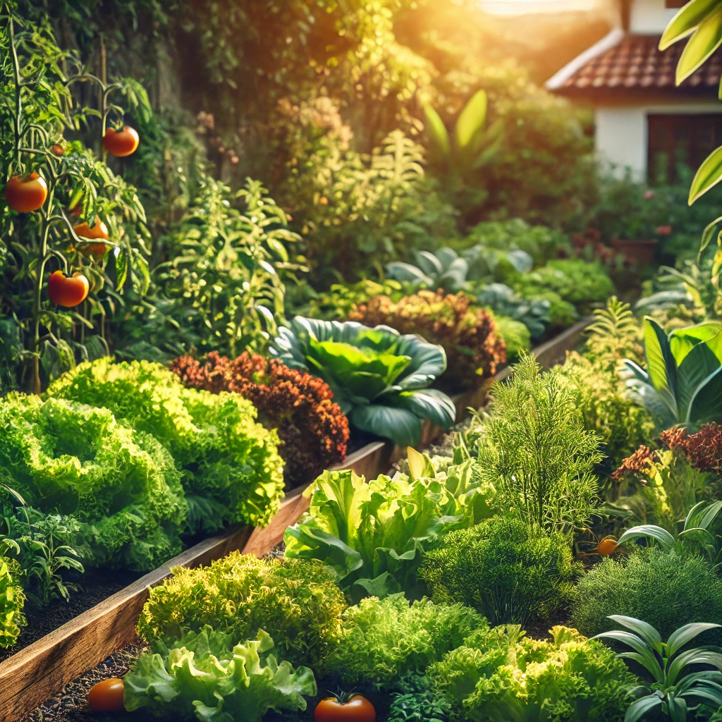 Un potager luxuriant avec des légumes frais prêts à être récoltés.