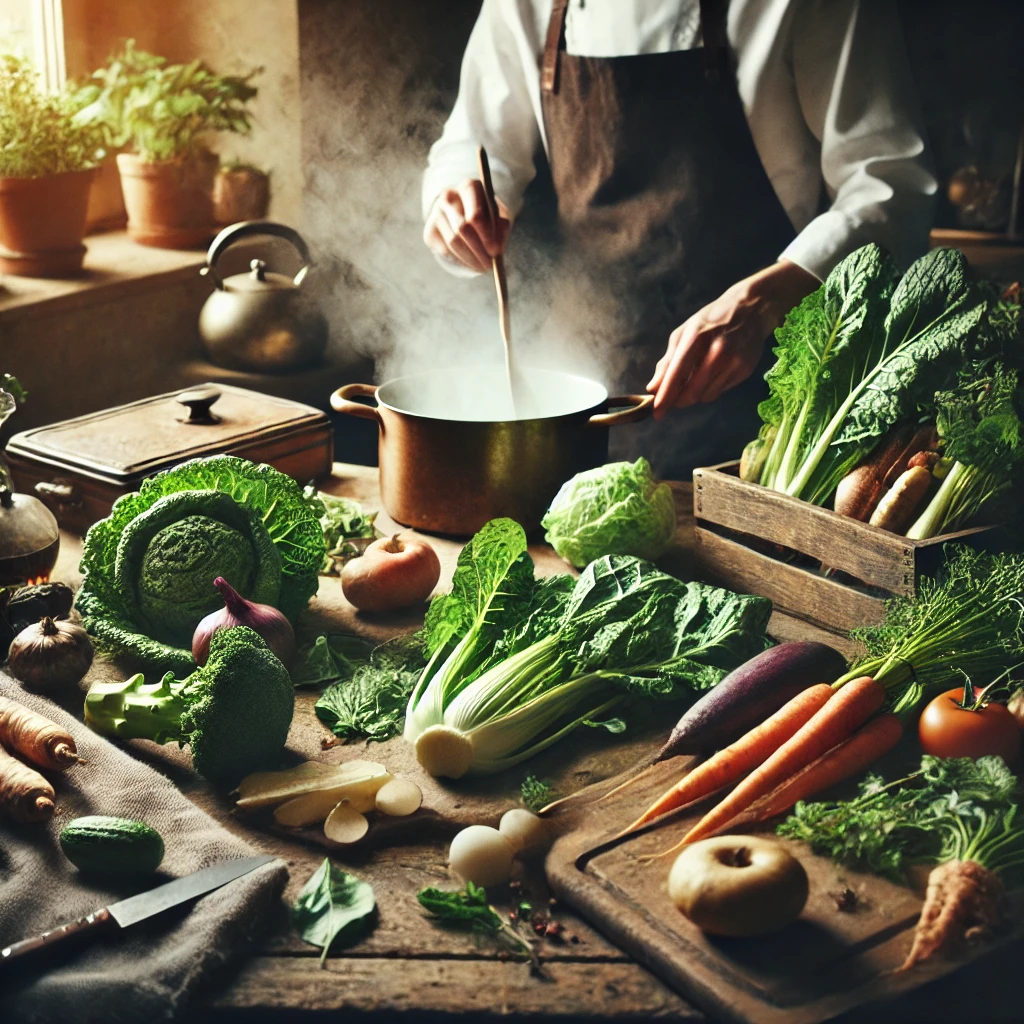 Un cuisinier préparant des plats à base de produits frais et de saison.
