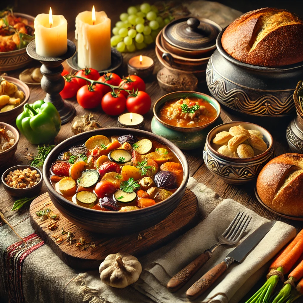Une table familiale mettant en avant des plats traditionnels de saison.
