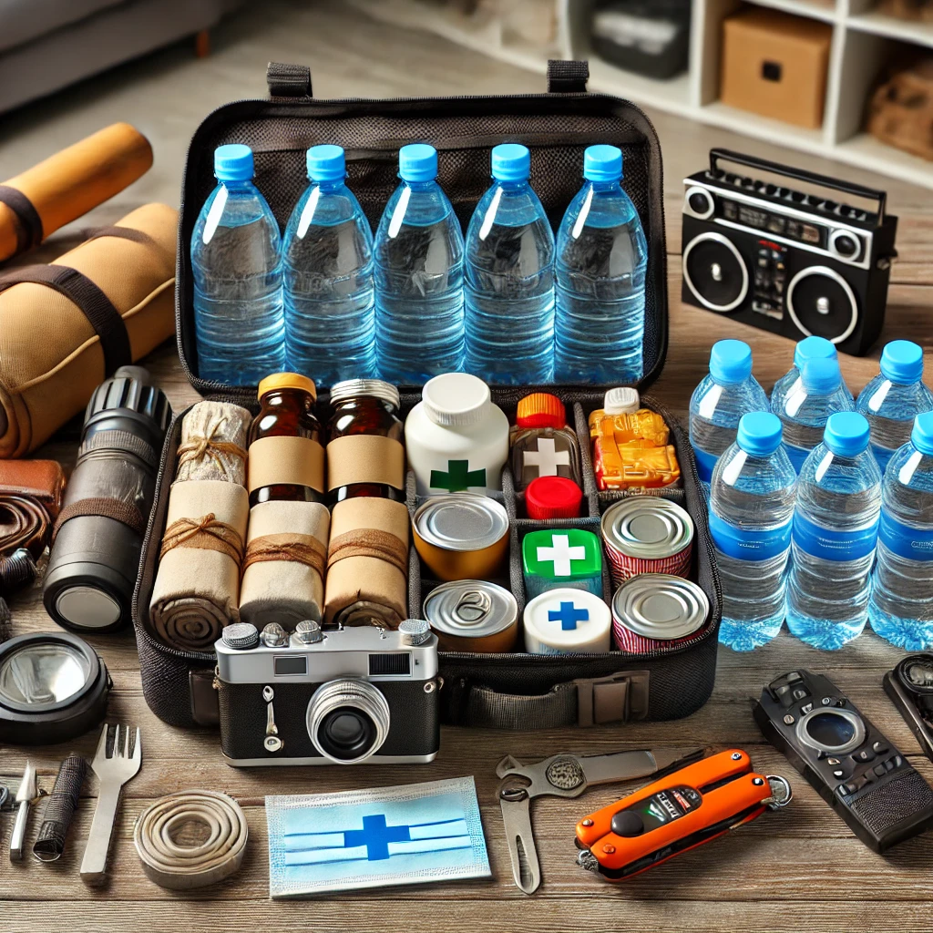 Un kit de survie comprenant de l’eau, des provisions et du matériel de secours.