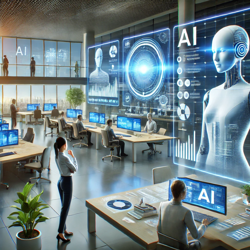Un environnement de bureau futuriste avec des IA assistant les employés.