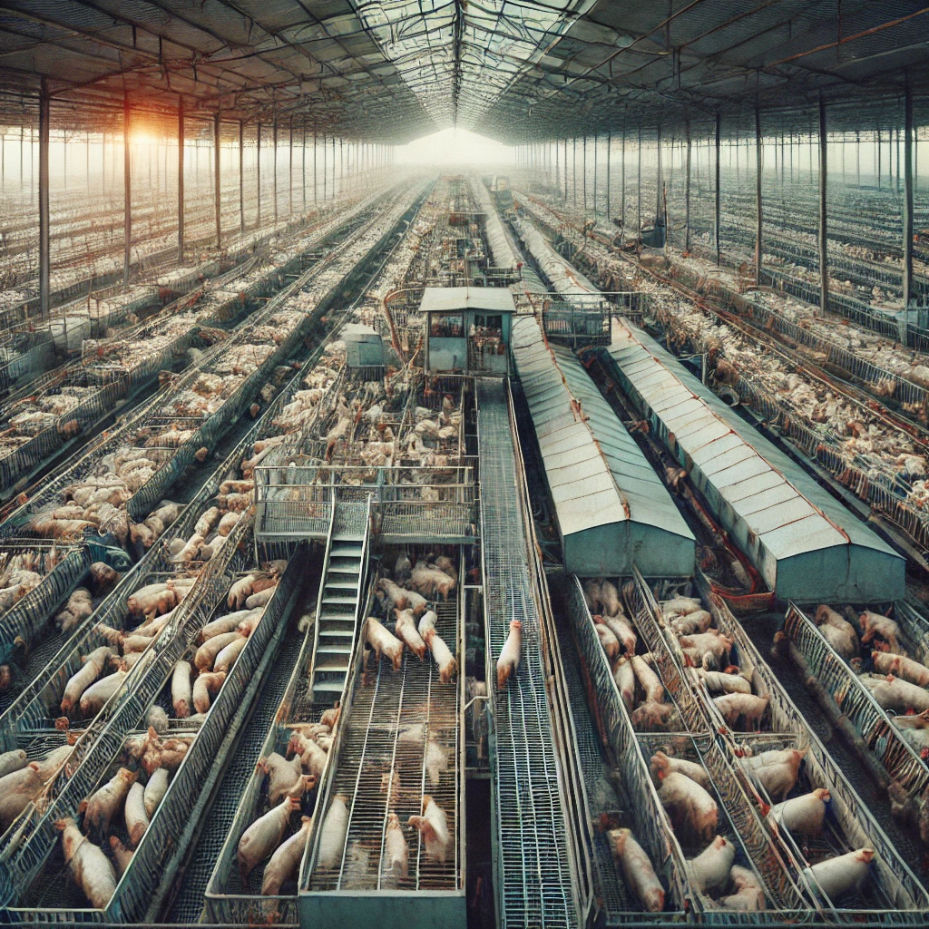 Un élevage industriel avec des animaux en cage.