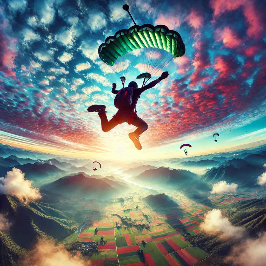 Un parachutiste en plein saut avec un paysage spectaculaire en arrière-plan
