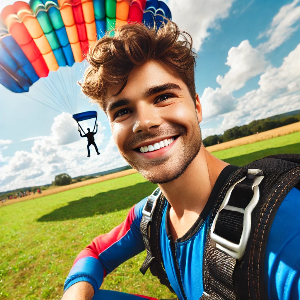 Un parachutiste souriant après un atterrissage réussi