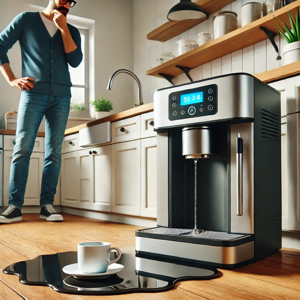 Une machine à café avec de l’eau qui coule en dessous