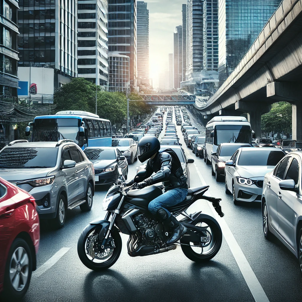 Un motard se faufilant entre les voitures dans un embouteillage.