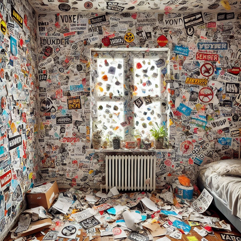Des stickers mal appliqués sur des murs et fenêtres.