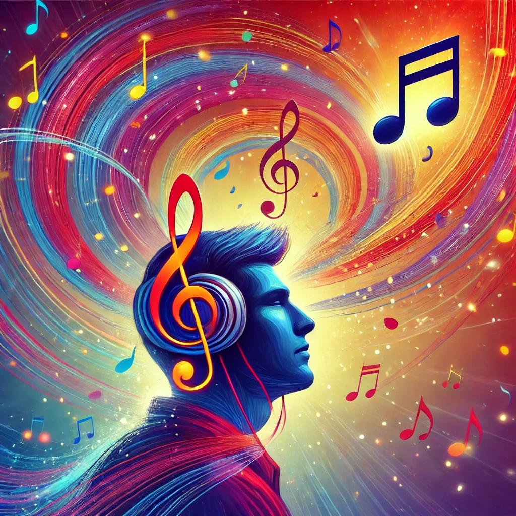Une personne avec des écouteurs et des notes de musique flottant autour de sa tête.