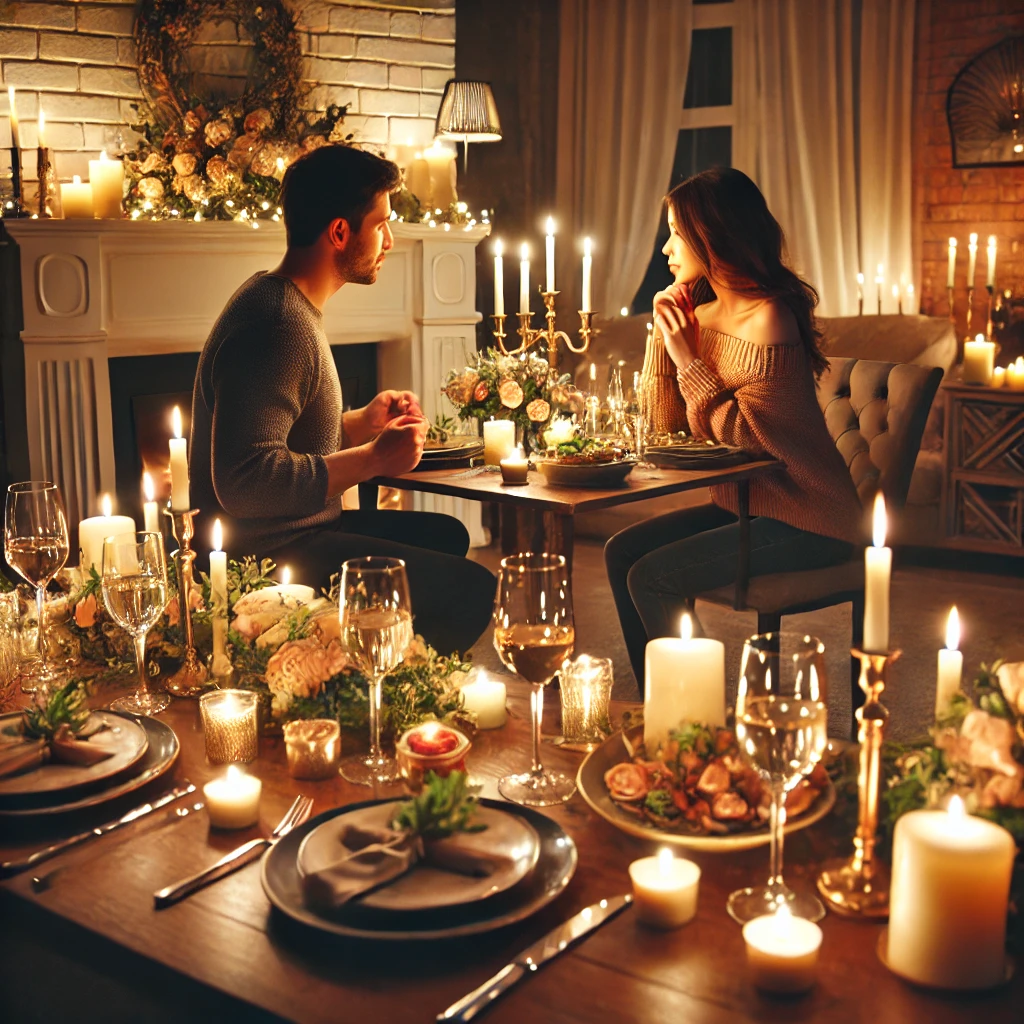 Un couple partageant un dîner romantique aux chandelles.